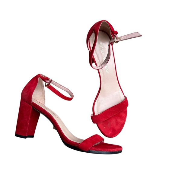 Stuart Weitzman nearly nude Red Suede Block Heel Sandals size 8 - Picture 1 of 9